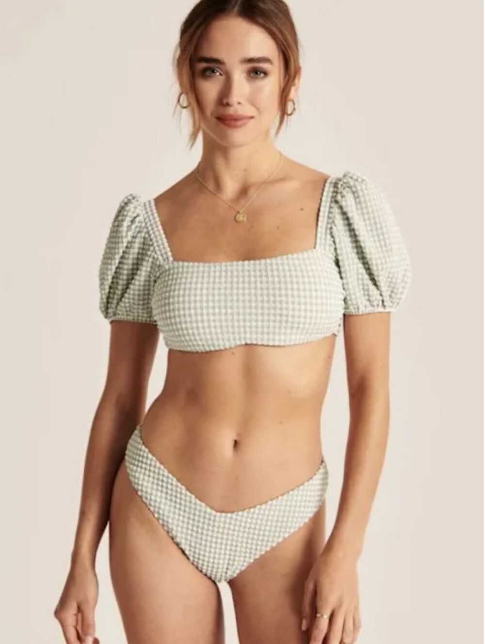 Abercrombie & Fitch Green Gingham Puff Sleeve Bikini Top Size XS - Picture 1 of 6